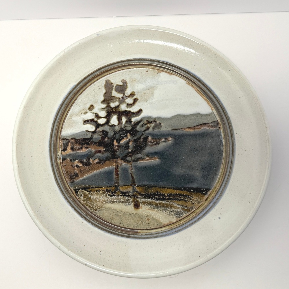 Signed Studio Pottery Landscape Plate Tree Scene Earthy Stoneware 12.25 Inch